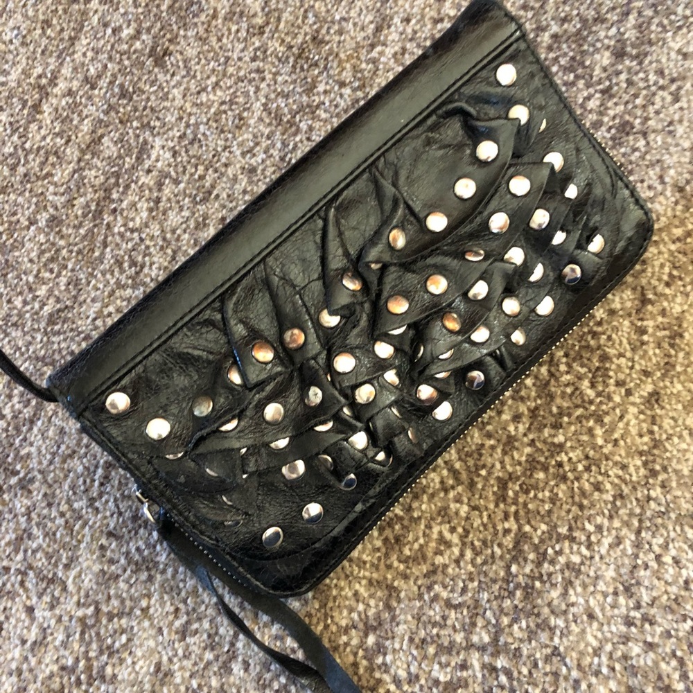 Leather ruffle studded clutch or crossbody